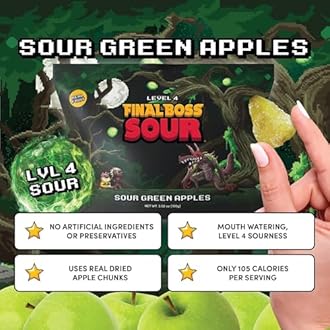 Final Boss Sour Candy, Green Apple, 4 Pack, Level 4, Extreme Sour Fruit Chews with Real Dried Fruit, No Artificial Colors or Flavors, Low Calorie Snack for Kids, Teens, Adults, Lunch Boxes