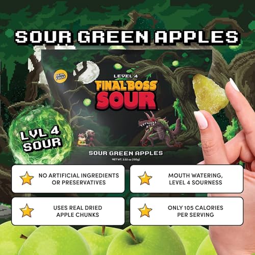 Final Boss Sour Candy, Green Apple, 4 Pack, Level 4, Extreme Sour Fruit Chews with Real Dried Fruit, No Artificial Colors or Flavors, Low Calorie Snack for Kids, Teens, Adults, Lunch Boxes