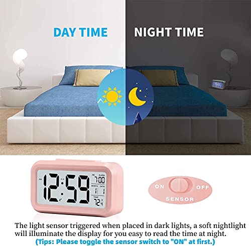 HYCLAM-Reveil-numerique-Horloge-a-Affichage-LED-avec-Affichage-de-la-temperature-Snooze-capteur-de-luminosite-Intelligent-pour-la-Chambre-a-Coucher-la-Maison-Le-Bureau-et-Les-Voyages-Pink