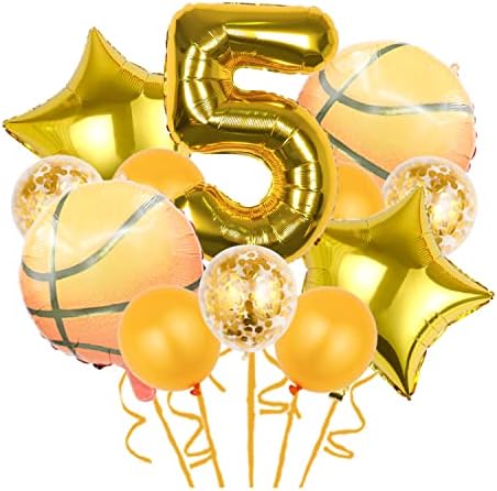 Chaungfu 12 Pcs Basketball Theme Balloons, Decorations Gold Confetti Balloon Foil Star For Sports 5th Birthday Party Supplies Number 5 Decoration
