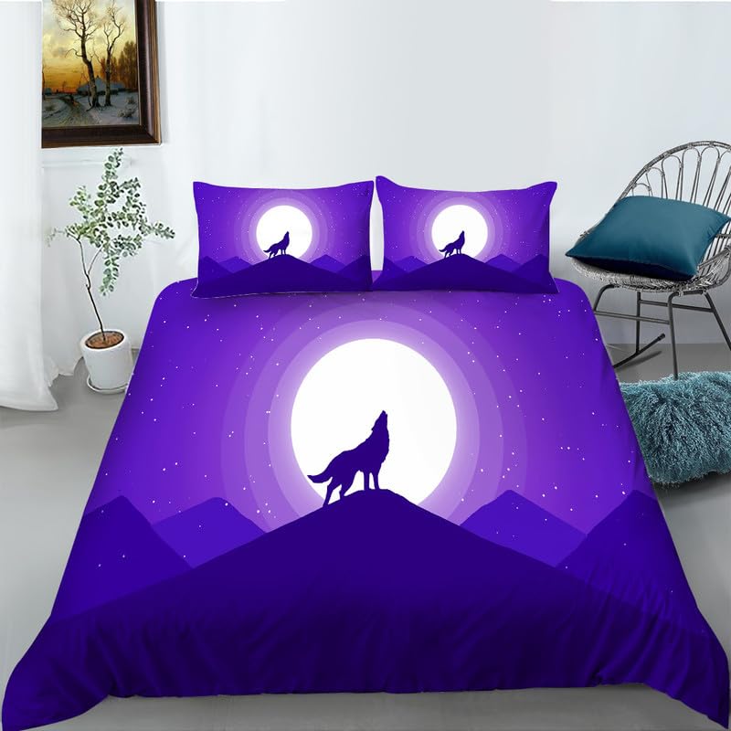 Funda nórdica cama 135 microfibra reversible con diseño de lobo púrpura 3D