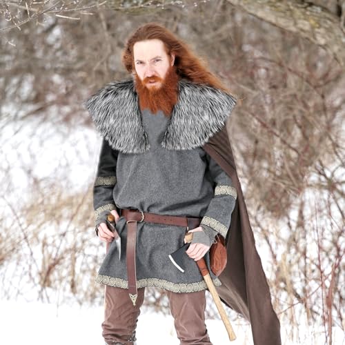 Capaneus Viking Kunstfell Kragen, Wikinger Fell Schal, Mittelalter Umhang Pelz Herren, Wikinger Kostüm Accessoire für Halloween Karneval Cosplay Thema Party