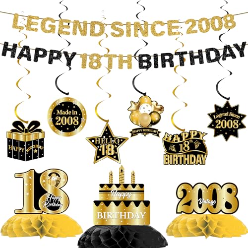 18th Birthday Decorations Banner Boys - 11 Pcs Black Gold Legend Since 2008 Happy 18th Birthday Banners Honeycomb Centerpieces Hanging Swirls for Boy Happy 18 Year Old Party Decoration Supplies Gifts