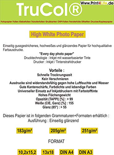 200 hojas de papel fotográfico brillante 10,2cm x 15,2cm (4x6 pulgadas) de 180g / mu00b2; 180. moldeada papel recubierto de papel de alta fotográfica blanco, de color blanco brillante y brillante para impresiones en color de alta calidad.