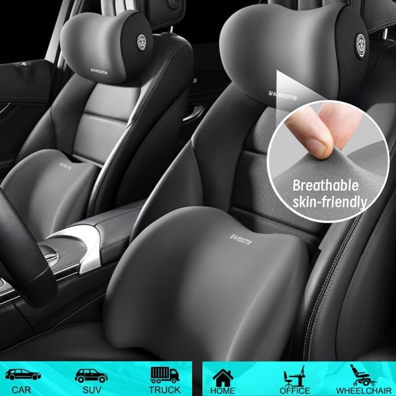 GDCARSL Car Headrest & Lumbar Support Cushion Kit, Ergonomic Car Seat Neck Pillow and Backseat Cushion for Driving Fatigue Relief, Driving Seat Memory Foam Neck Back Rest Pillows (Black)