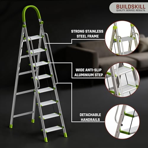 Image of BUILDSKILL Aluminium Ladder for Home 8 Steps | 37x16cm Wide Anti-Slip Aluminium Steps | Stainless Steel Body | Handrails | Load 150 Kg | Foldable Lightweight 9.85KG Ladder for Kitchen, Office & Home