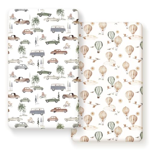 Image of Stretch Ultra Soft Jersey Knit Fitted Crib Sheets Set 2 Pack，Fit All Standard Crib Mattress Pads Safe and Snug, Crib Fitted Sheet for Boys and Girls, Stylish Cars Print Kids Sheets for Boys