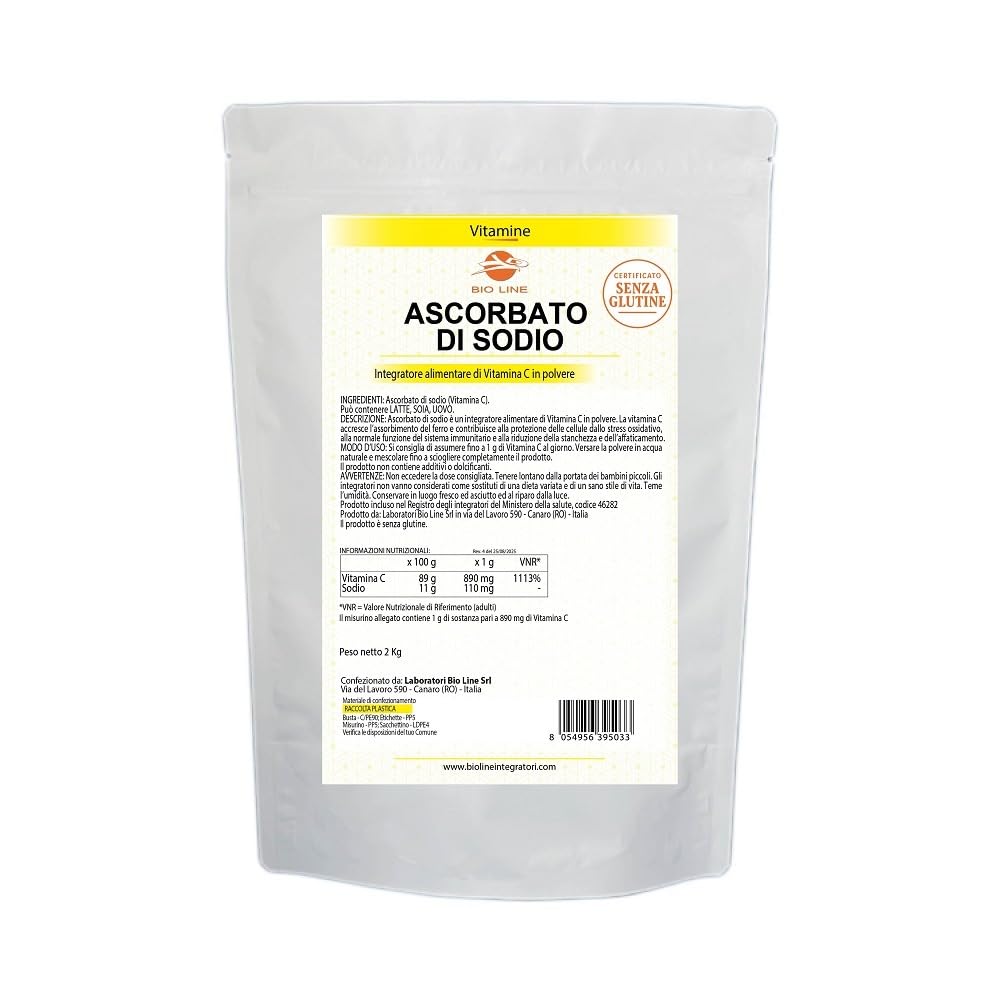 Ascorbato de sodio, 2 kg, vitamina C en polvo de acción antioxidante, sustancia pura sin excipientes (1 bolsa de 2 kg) Laboratorios Bioline – Calidad italiana