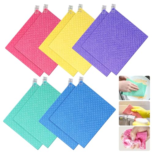 10 Pack Swedish Dishcloths, Reusable Cellulose Sponge Cloths with Adhesive Clips, Swedish Dish Paper Towels No Odor for Cleaning Home Kitchen