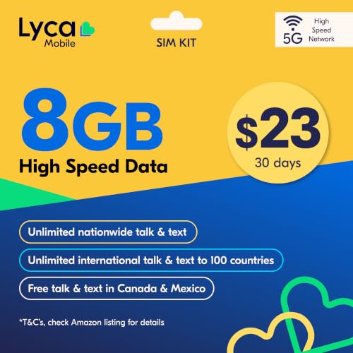 Lyca Mobile USA Prepaid 5G/4G SIM Card | $23 Plan | Unlimited Talk Text & Data | 8GB High Speed Data (8GB Hotspot) | 30 Days