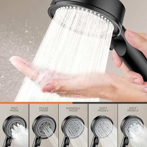 Image of Amazon Basics 5 Mode Hand Held Shower Head For Bathroom | High Pressure Water Flow Hand Shower | ABS Plastic | Essential Bathroom Accessories Black
