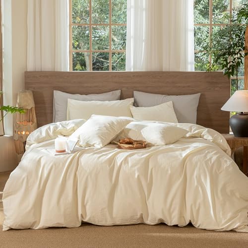 Image of MooMee Wavy Striped Duvet Cover Set 100% Washed Cotton Linen Like Textured Breathable Durable Soft Comfy (Cream White, Full 80 inchx90 inch)