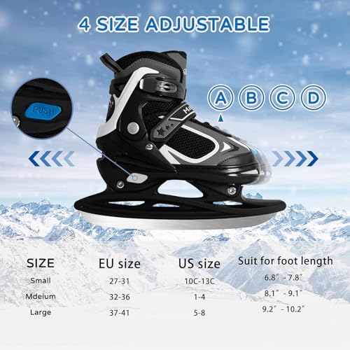 MammyGol Adjustable Ice Skates for Kids Boys Girls, Hockey Lace-Up Skate, Black Ice Skating Size L for Beginner