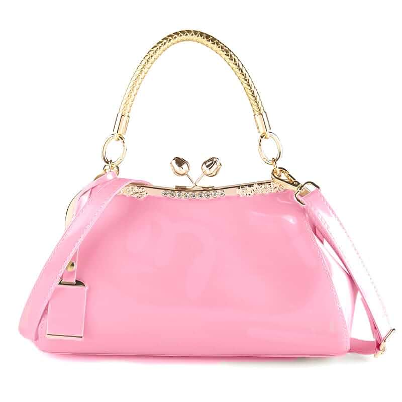 Women Patent Leather Evening Bag,Kiss‑Lock Handbag Purse for Wedding Party Glossy patent leather,kiss‑lock purse,braided top handle with detachable shoulder strap,handbag for wedding,prom,party
