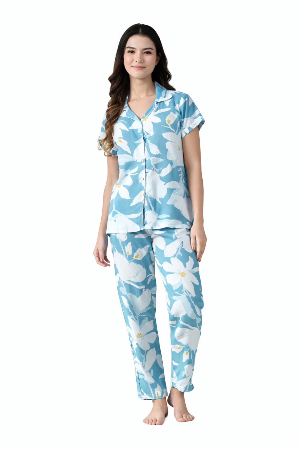 Women Women's Rayon Printed Night Wear Shirt Top with Matching Bottom Night Suit Set