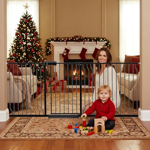Image of Foreng Extra Wide Baby Gates for Doorways 71.65"-85.82" Extra Wide Baby Gate Dog gate Pressure Mounted No Drilling with Walk-Through, Auto-Close & Dual-Direction Swing for Large Wide Opening Black