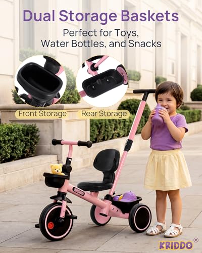 Image of KRIDDO 2-in-1 Tricycle for Toddlers 1.5-5 Years, Push Tricycle with Parent Steering Detachable Handle, 9-Stage Adjustable Handlebar, Toddler Trike with Safety Belt, Clutch Pedals & Dual Basket, Pink