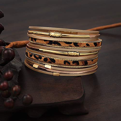 Wovanoo Leather Wrap Bracelets For Women Leopard Multi-Layer Wristband Cuff Bangle With Magnetic Buckle Gift For Birthday, Valentine's Day Wide Tube #TOP5