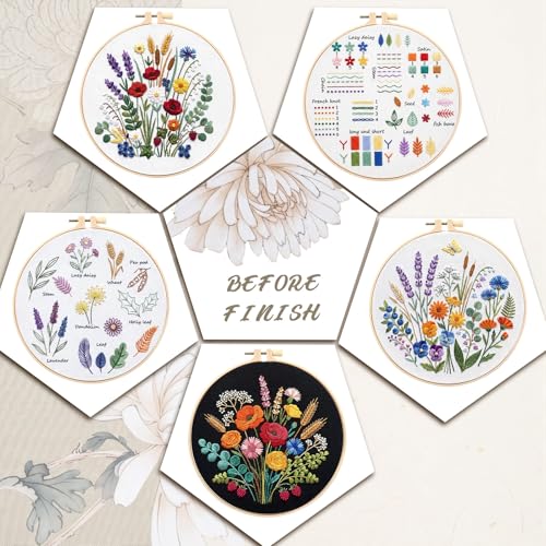 Image of Yinder 5 Set Starter Embroidery Kit for Beginners Boho Cross Stitch with Patterns Embroidery Hoops Instructions Floss Punch Needlepoint Kits Crafts DIY Adult Beginner Cross Stitch (Flowers)