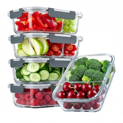 5 Pack Glass Meal Prep Containers 2 Compartment Set, 1040ML(35OZ) Airtight Lunch Containers with Lids, Glass Storage for Microwave, Oven, Freezer, Dishwasher, Exclusive of BPA, Grey
