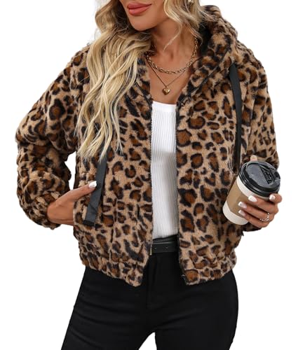 Vipwest Women's Faux Fur Cropped Coat Fall Full Length Sleeve Zip Up Hoodie Soft Fuzzy Fleece Jacket (Leopard, Large)