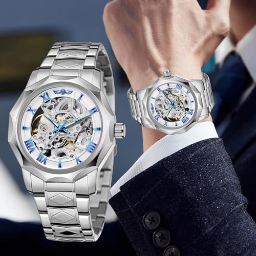 Image of Tiong Men Mechanical Watches Automatic Self-Wind Sliver White Transparent Fashion Mesh Steel Wristwatch Skeleton Male Hot Hour