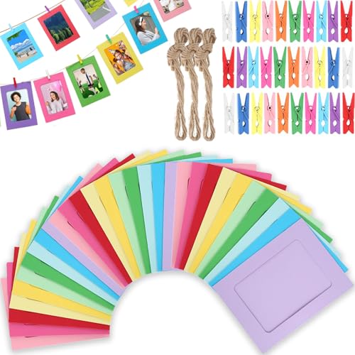 HaploS 30 Moldura para fotos de papel colorido, moldura de fotos de cartão, 11,5 x 15,5 cm, em 10 cores, com pinças de madeira, pequenas e corda de cânhamo, pendurar fotos para casa, escola, escritório