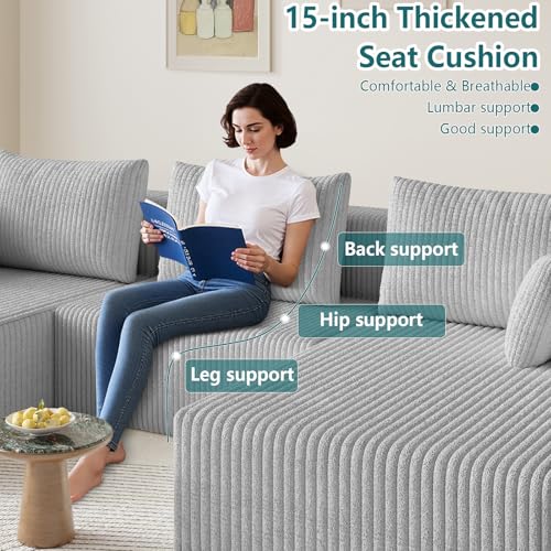 Image of 107 inch U-Shape Cloud Couch, Modern Modular Sectional U-Shape Sofa, Corduroy Boneless Couch Upholstered Couches Deep Seat Sleeper Chaise Longue for Living Room, No Assembly Required,Light Gray