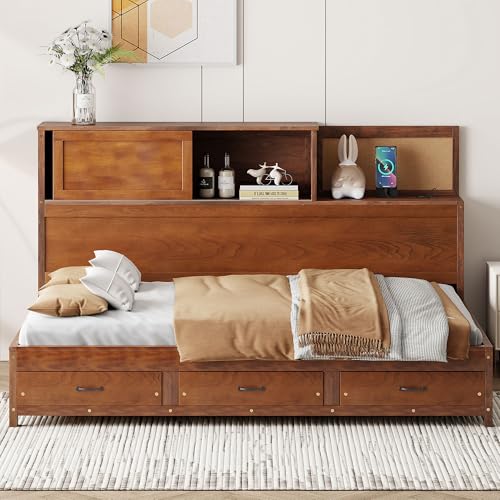 Harper & Bright Designs Full Size Daybed with Storage, Wood Platform Bed Frame with 3 Drawers, Storage Shelves & USB Ports, No Box Spring Needed,Walnut