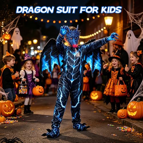 Kids Dragon Costume, Boys Dragon Halloween Costume with Mask, Wings & Tail - image 7