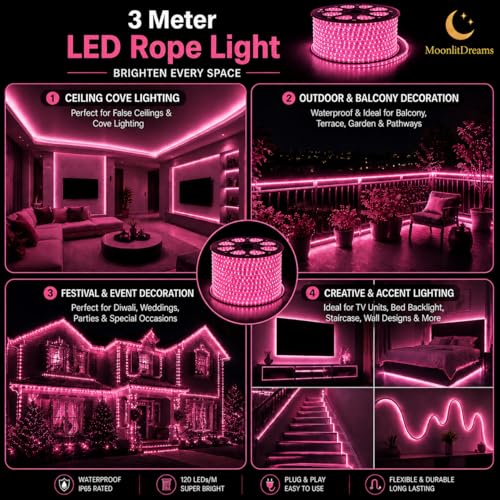 Image of MoonlitDreams 3 Meter LED Rope Light for Decoration - Waterproof Pink SMD Cove Light for Ceiling, Home Decor, LED Pipe Light for Diwali, Festival, Indoor, Outdoor Use