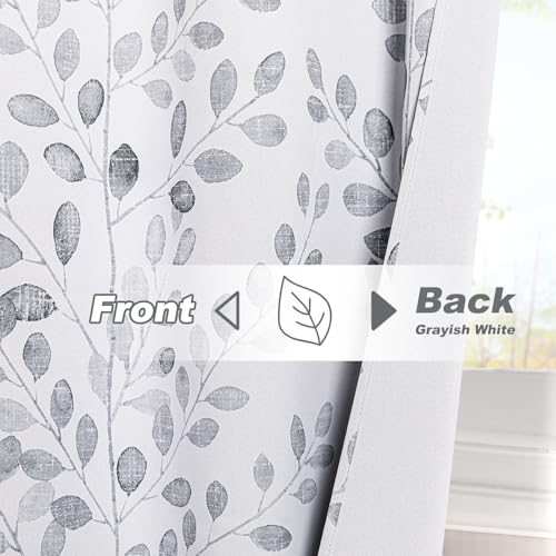 Image of MYSKY HOME Grey Leaf Curtains 63 Inch Length for Bedroom Grommet 2 Panels | Privacy Protection Room Darkening Thermal Insulated Gray Printed Window Drapes for Kitchen Living Room, Each Panel 52 inch W