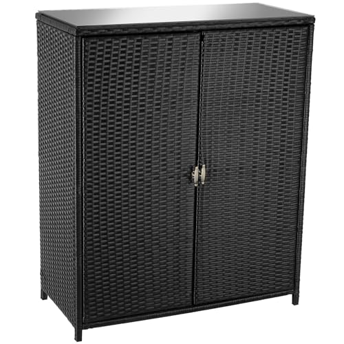 TecTake® Armario de jardín de ratán, 4 Compartimentos, Estructura de Aluminio Inoxidable, estantería de Exterior, Mueble terraza Exterior, Almacenamiento, Armario Multiusos, Armario Jardin - Negro
