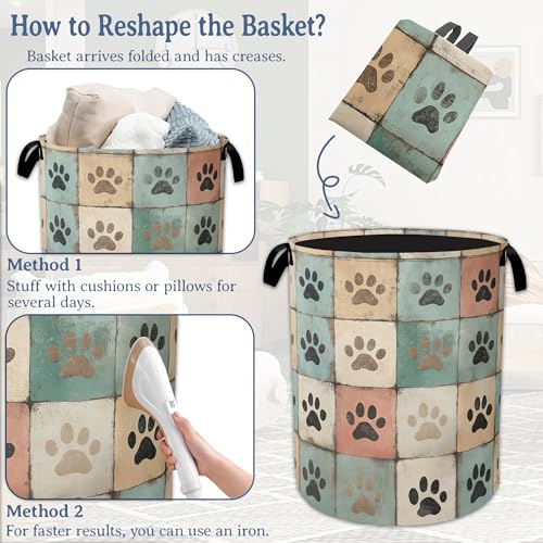 Image of Cute Paw Print Laundry Basket,Foldable Oxford Cloth Vintage Laundry Hamper With Handle, 20.8 inchx16 inch Portable Clothes Storage Basket Bag for Laundry Room /Bathroom /Bedroom /Dormitories
