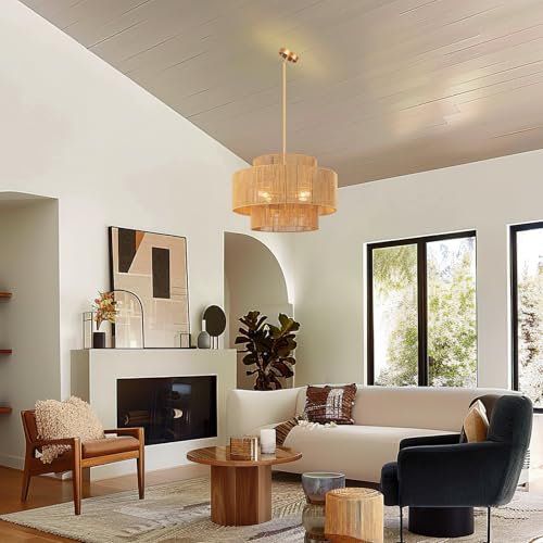 Image of 24'' Boho Rattan Chandelier, 4-Light Hand-Woven Wicker Pendant Lamp, Rustic Modern Ceiling Light Fixture for Dining Room, Kitchen Island, Living Room, Bedroom, Foyer, Entryway, Over Table
