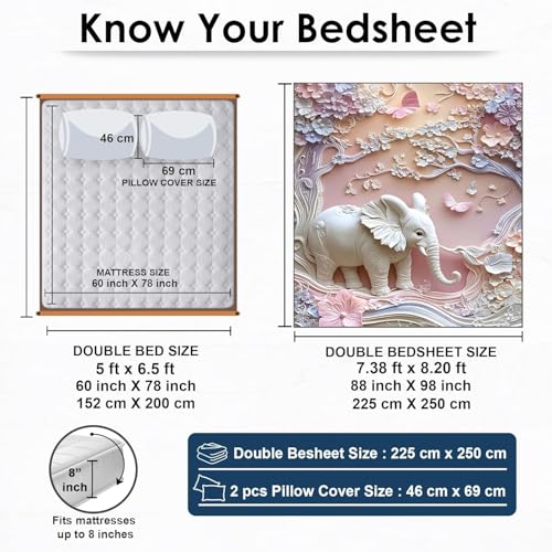 Image of SKIVE Cute Elephant 7D bedsheet for Double Bed 240TC Premium Cotton Feel Microfiber with 2 King Size Pillow Cover | 225 cm x 250 CM | Pink Elephant Kids bedsheet for Girls