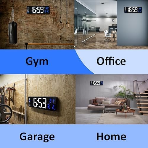 Image of 15-Inch Digital Wall Clock with Large LED Display - Remote Control, Auto-Dimming, Night Light, Date, Day, Temperature, DST Function - Ideal for Living Room, Bedroom (White & Blue)