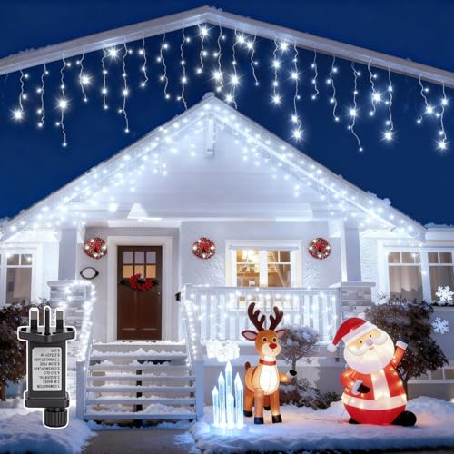 Aigostar Icicle Outdoor Christmas Lights, 5M 100 LEDs, IP44 Waterproof, 8 Modes with Timer & Memory, Cool White for House Roof, Gutter, Garden, Window Decor