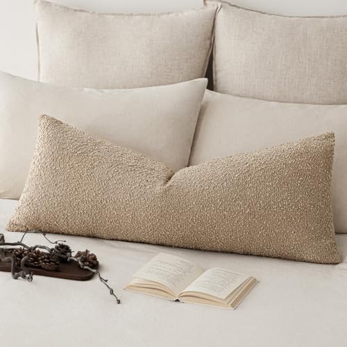 Image of Foindtower Decorative Textured Boucle Throw Pillow Cover Accent Solid Pillow Case Neutral Long Body Lumbar Couch Cushion Case for Chair Sofa Bed Living Room Home Decor 14x36 Inch,1PC,Taupe Khaki Camel