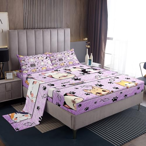 Parure de lit chat violet avec drap-housse et motifs animaux mignons