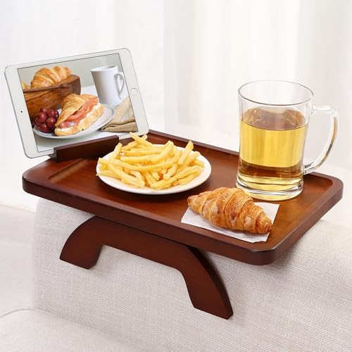 SINWANT Couch Arm Tray with 360° Rotating Phone Holder,Walnut,15.35x9.84-in