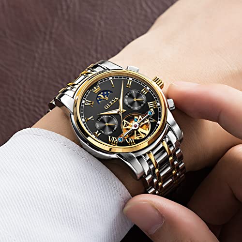 Olevs Mens Automatic Watches Skeleton Mechanical Self Winding Luxury Fashion Dress Wrist Watch Moon Phase Day Date Luminous Waterproof (Two Tone Strap & Black Dial) #TOP3