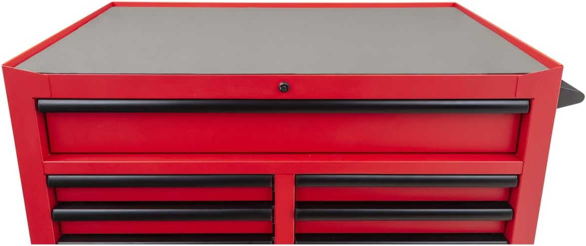 K Tool International 75133 41" Service Tool Cabinet for Garages, Repair Shops and DIY, (10) Drawer, Double Bay, 5" Swivel Casters, (2) with Brake, Integrated UL Power Strip, Fully Assembled, Red/Black