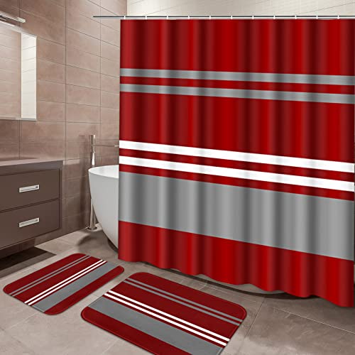 Juego de baño ArtSocket de cortina de ducha moderna de rayas burdeos boho 2