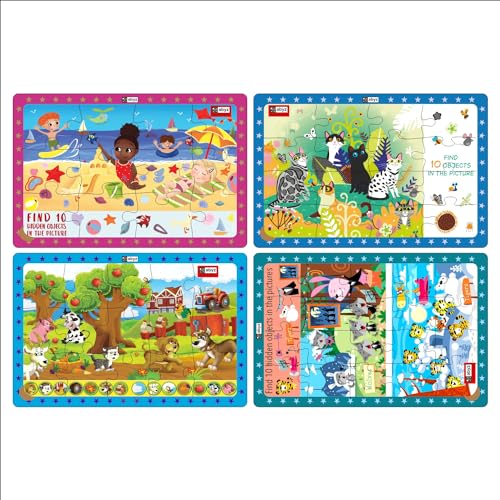 Image of ABYZ Wooden Jigsaw Puzzle - Wolves & Tigers, Farm Animals, Cats in Jungle, Beach Play, Playset for Little Explorers, 63 Pieces - Pack of 4 | Birthday Gift for (3 Plus Years) Age Kids.