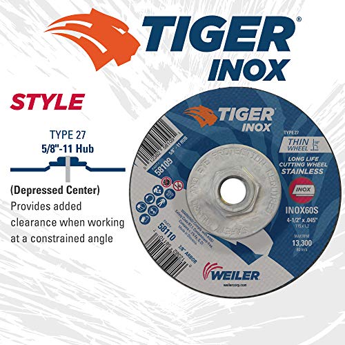 Image of Weiler 58109 4-1 /2 Inch Cutting Wheel, Tiger Inox Stainless Steel Contaminant-free High Performance Cutting, .045 inch INOX60S Type 27 5 /8 inch-11 Hub, Pack of 10