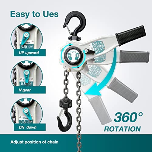 Image of TOYO Lever Chain Hoist 1750Lbs 10ft,Chain Come Along 0.8T 10Ft Ratchet Chain Puller Hoist Alloy Steel G80 Chain 2 Heavy Duty Hooks for Building Warehouse Automotive Garages Machinery (1750LB 10FT)