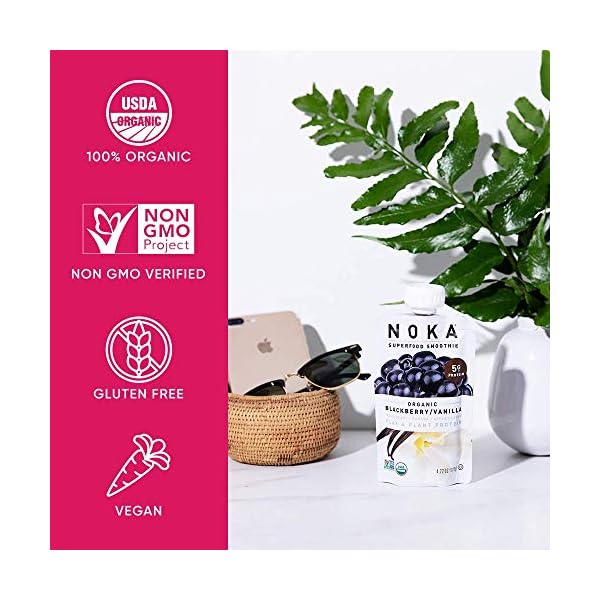 Noka Superfood Fruit Smoothie Pouches Variety Pack, Healthy Snacks with Flax Seed, Prebiotic Fiber and Plant Protein, Vegan and Gluten Free, Organic Squeeze Pouch, 4.22 oz, 6 Count