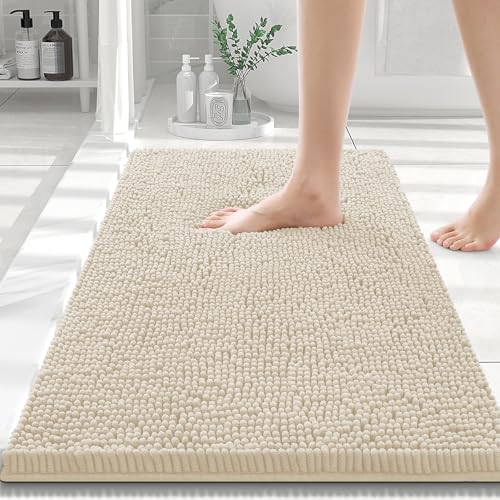 Smiry Luxury Chenille Bathroom Rugs 30x20, Extra Soft and Absorbent Shaggy Bath Mat, Machine Washable, Non-Slip Plush Carpet Runner for Tub, Shower, and Floor, Home Decor Accessories, Sand