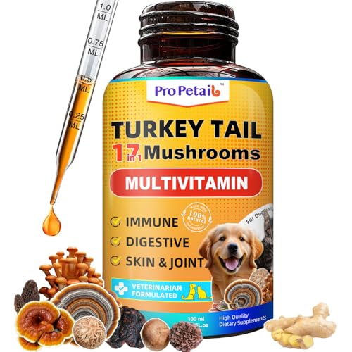Turkey Tail Mushroom for Dogs - 3000mg Plus Formula Turkey Tail Probiotic + 10 Vitamins for Immune & Skin Lipoma, Wart, High Potency Liquid Mushrooms for Dogs with Turmeric - Vet Formulated